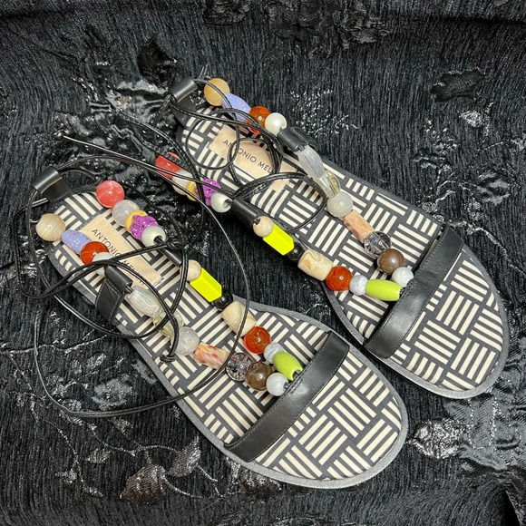 Antonio Melani- Loola Beaded Leather Ankle Wrap Flat Sandals - NWOT Size 6.5 - Picture 2 of 5